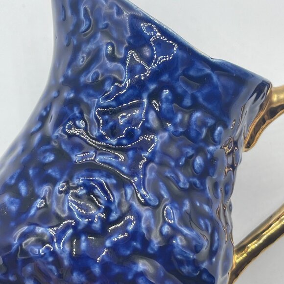 VTG Cobalt Blue Gold Accent Creamer Ripple Wavy Gift Decor 4" - Picture 8 of 9